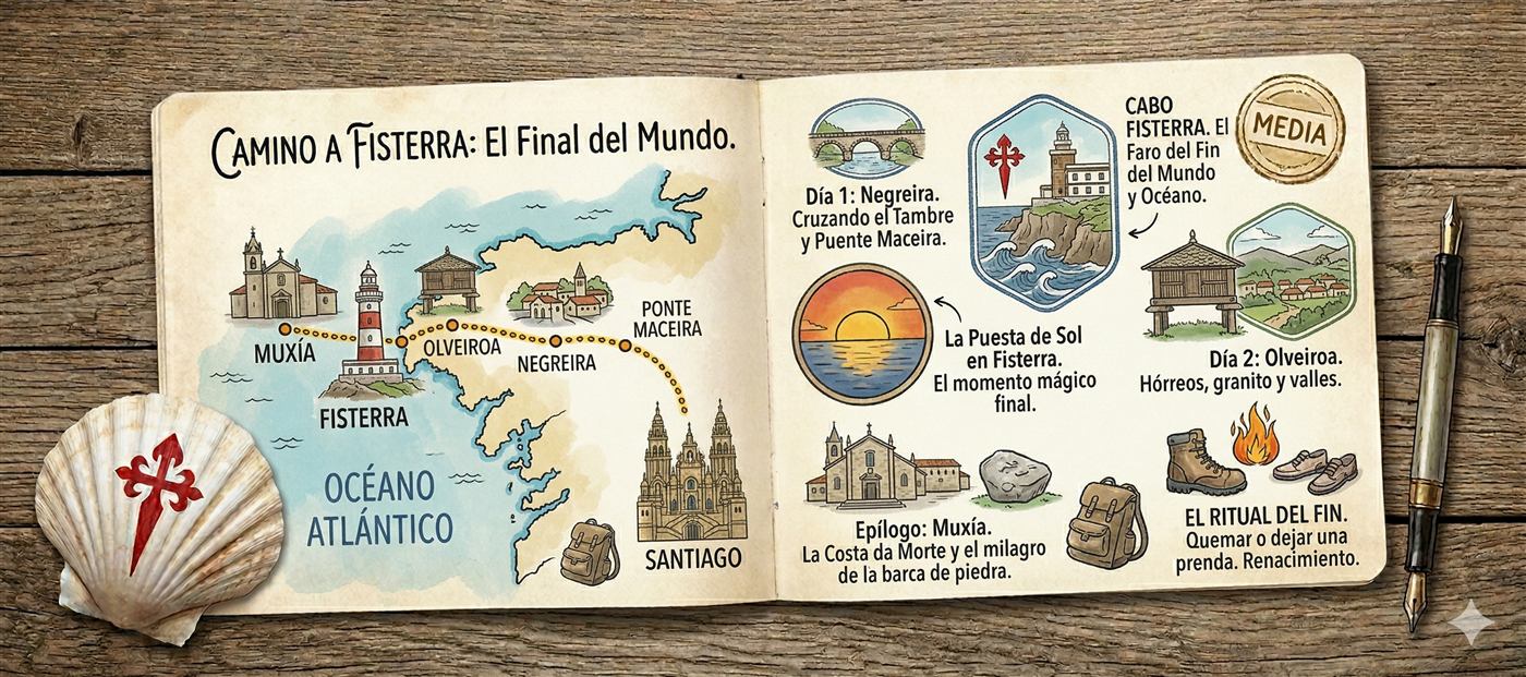 Ilustración del Camino a Fisterra y Muxía en un cuaderno de viaje, de Santiago al faro de Fisterra y el santuario de Muxía