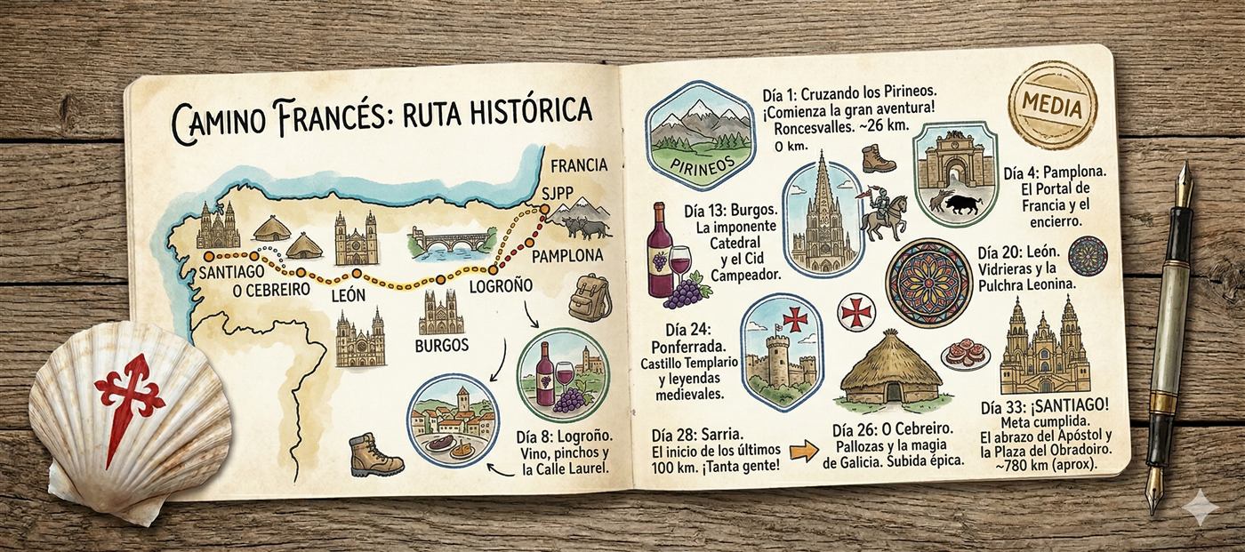 Ilustración del Camino Francés en un cuaderno de viaje: Pirineos, Pamplona, Logroño, Burgos, León, O Cebreiro y Santiago