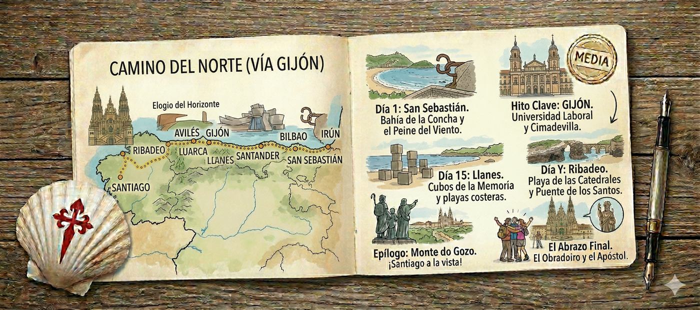 Ilustración del Camino del Norte en un cuaderno de viaje, de Irún a Santiago por la costa cantábrica