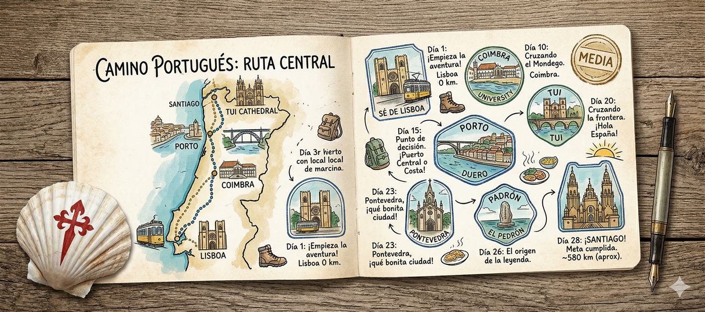 Ilustración del Camino Portugués en un cuaderno de viaje, de Lisboa a Santiago por Coimbra, Oporto y Tui