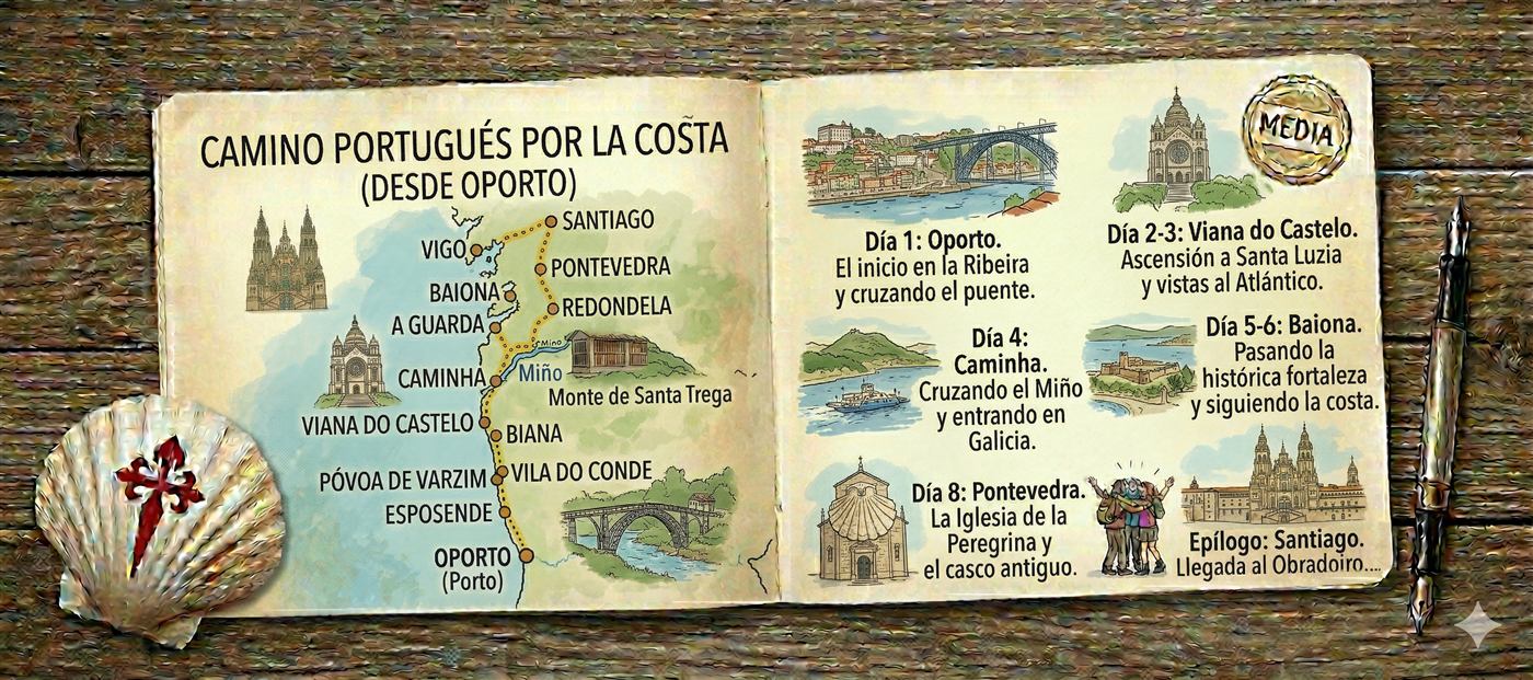 Ilustración del Camino Portugués por la Costa en un cuaderno de viaje, de Oporto a Santiago junto al Atlántico