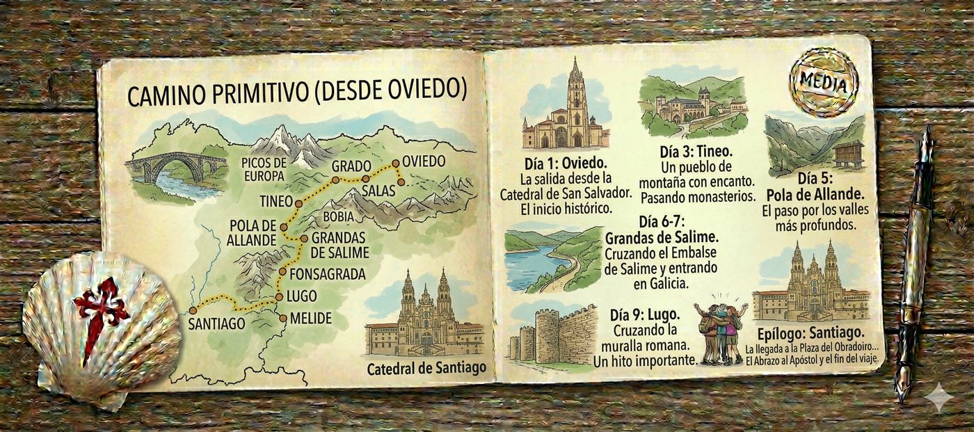 Ilustración del Camino Primitivo en un cuaderno de viaje, de Oviedo a Santiago por las montañas de Asturias y Lugo