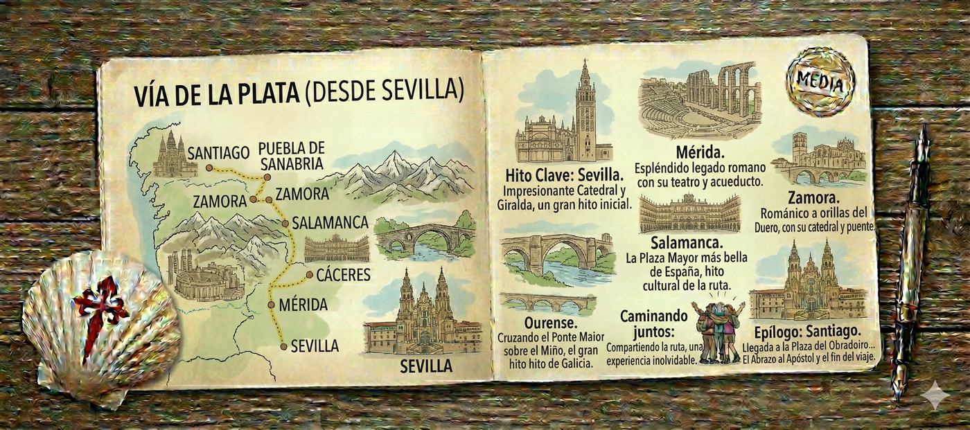 Ilustración de la Vía de la Plata en un cuaderno de viaje, de Sevilla a Santiago por Mérida, Cáceres, Salamanca y Zamora
